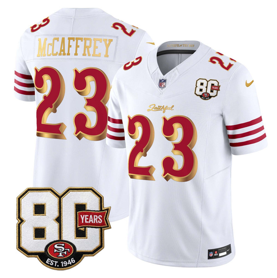 Men's White Gold San Francisco 49ers #23 Christian McCaffrey 80th Anniversary Patch “Rivalries” 2026 F.U.S.E. Vapor Untouchabl Limited Stitched Football Jersey